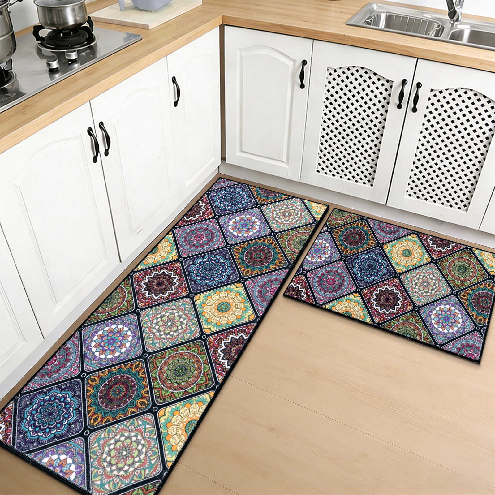 Findosom 2pc Boho Kitchen Rugs and Mats Set, Non Slip Washable Kitchen Runner Rug for Kitchen Floor, Farmhouse Kitchen Decor, Hallway, Entryway, Laundry Room,20"x32"+20"x47" Colorful
