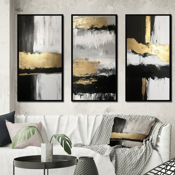 Designart "Horizontal Perspectives Abstract in Gold and Black IV" Abstract Painting Framed Wall Art Set Of 3 - Gold Modern Frame Gallery Set For Office Decor