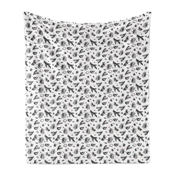Cartoon Soft Flannel Fleece Blanket, Hand Drawn Like Simple Design of Floral Shapes and Citrus Fruits, Cozy Plush for Indoor and Outdoor Use, 70" x 90", White Charcoal Grey and Blush, by Ambesonne