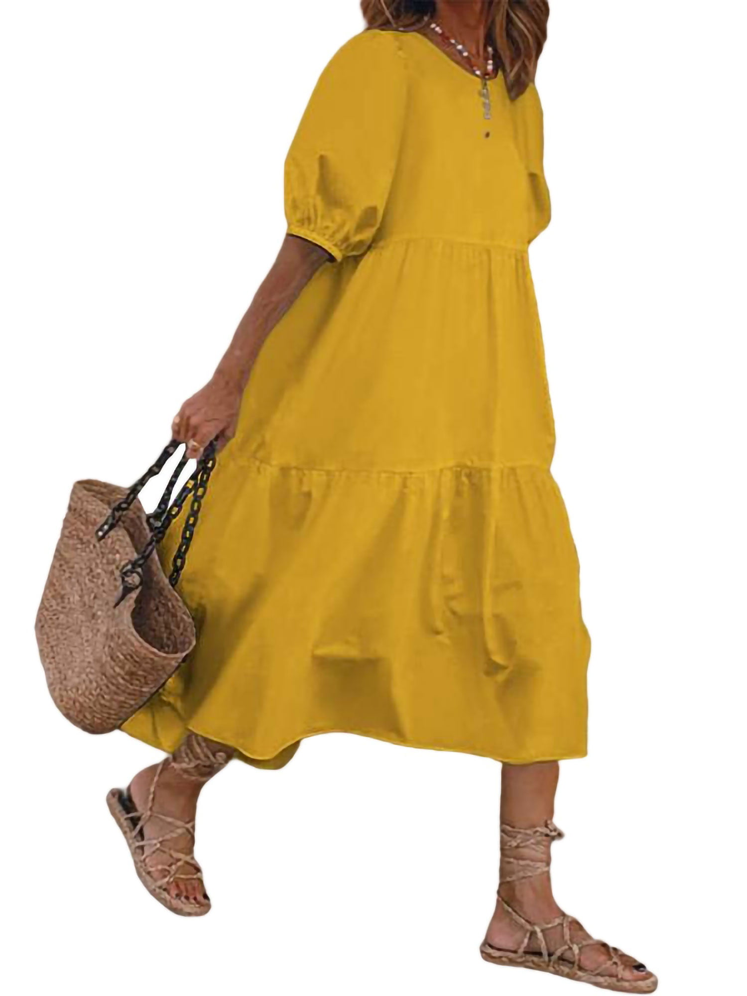smokkel Ellendig geur Loose Baggy Dress for Women Casual Summer Puff Sleeve Midi Dress Bohemian  Beach Holiday Sundress - Walmart.com