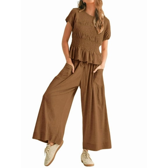 Women'S 2-Piece Smocked Top & Wide-Leg Pants Set-High-Waisted Lounge Outfit with Pockets Casual Boho Set Dark Brown L