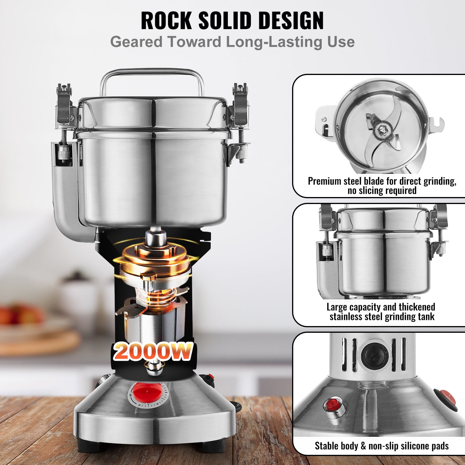 KFFKFF 750g Electric Grain Mill Grinder, 2000W High-Speed Stainless Steel Powder Machine for Dry Grains, Spices, Cereals, Coffee, and Pepper