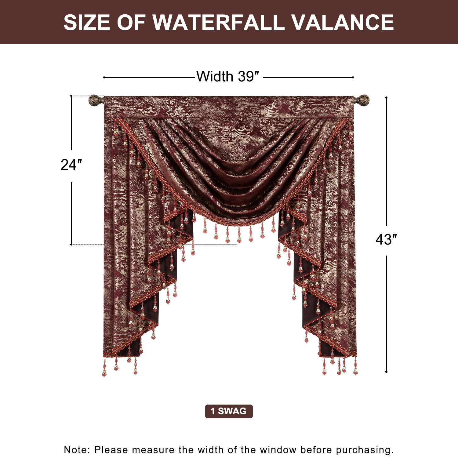 VOGOL Modern Waterfall Valance for Bedroom, Red Textured Stripe Print Velvet Curtain with Beaded Tassels, Rod Pocket Design, 43x39 Inches, 1 Piece