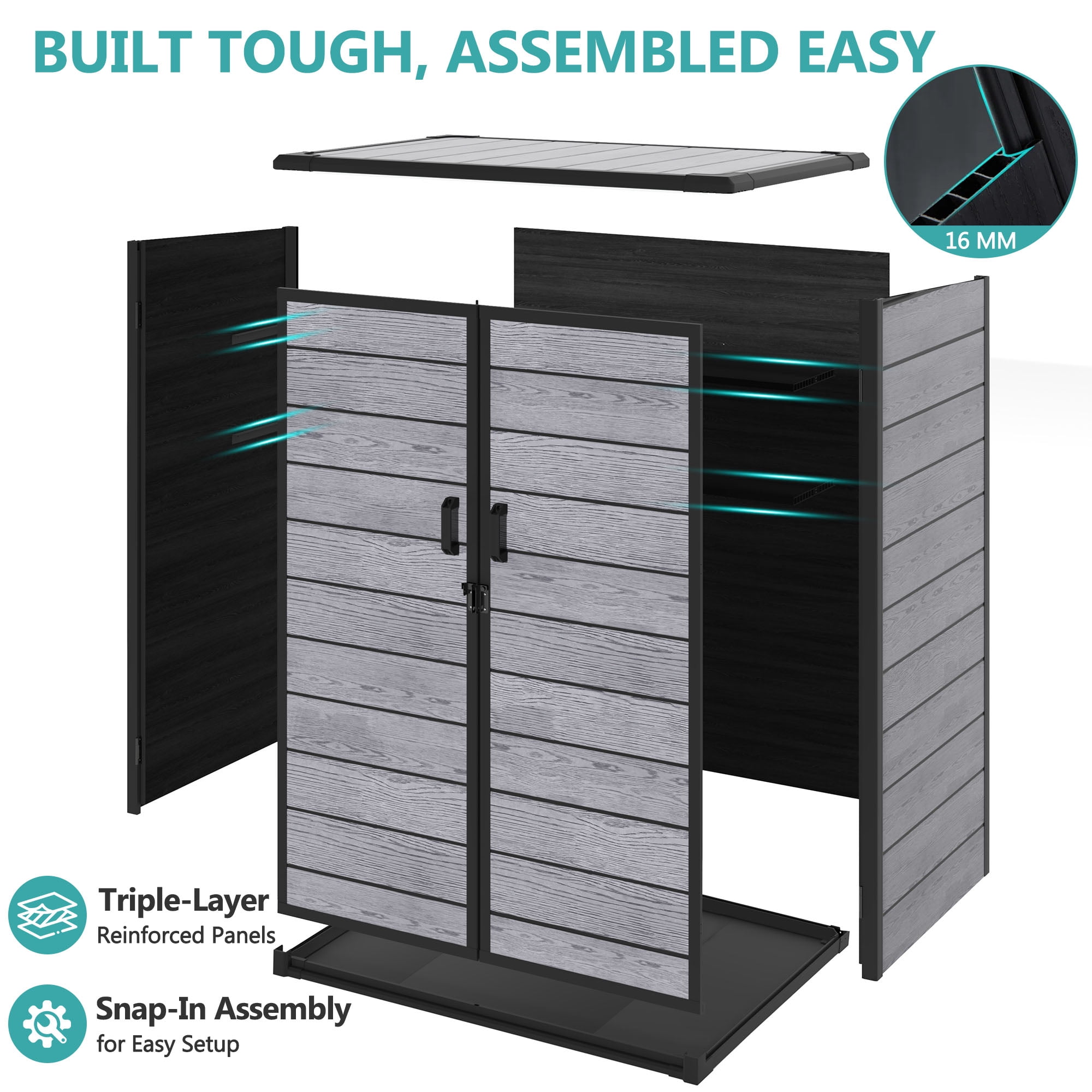 4.6x3FT Resin Storage Shed, Outdoor Lockable Cabinet with Floor and 2-Tier Shelf, Quick AssemblyDouble-Door Plastic Shed w/Floor & Sloping Top