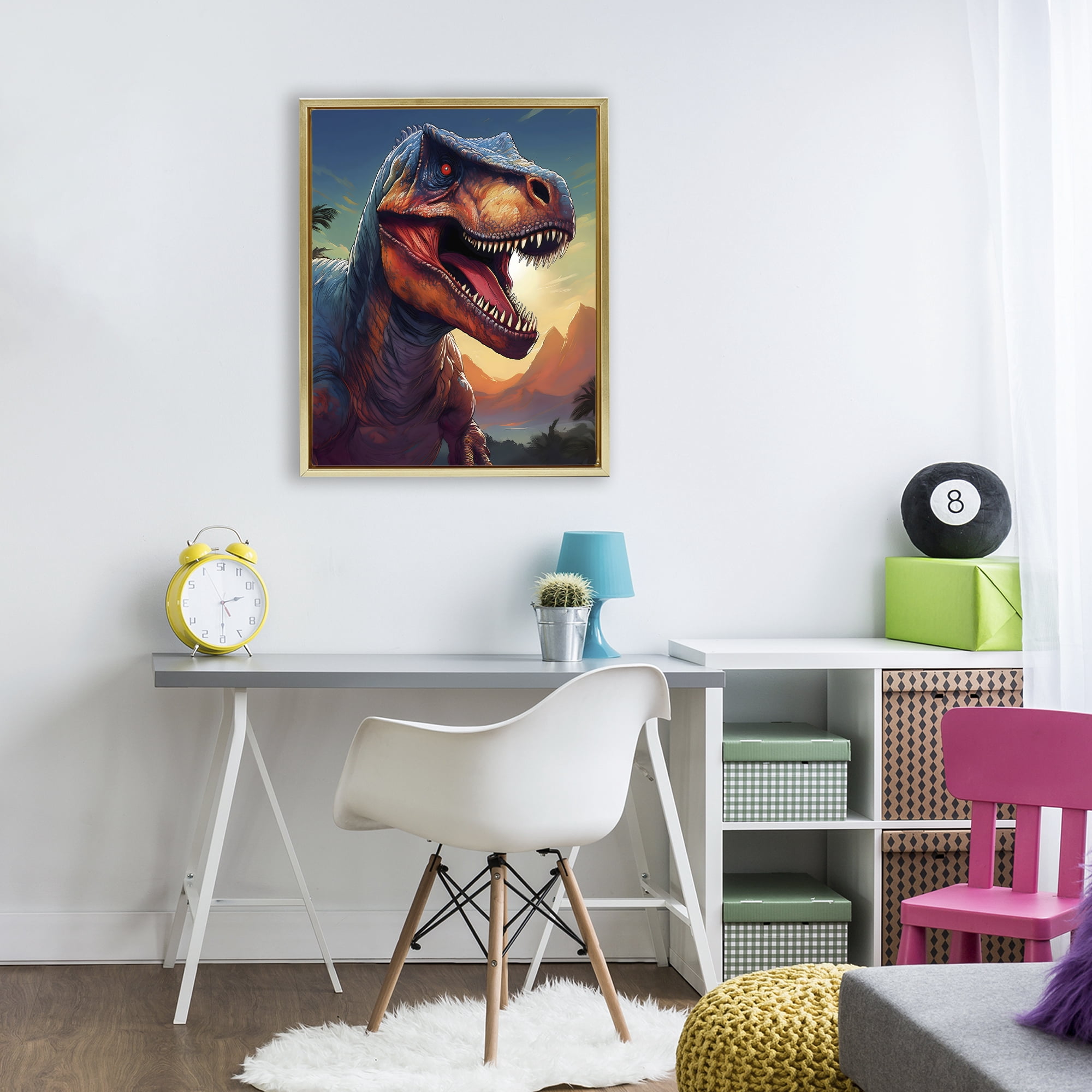 Stupell Industries Dinosaur with Sunset Landscape Gold Framed Floater Canvas Wall Art, design by Creative Studio