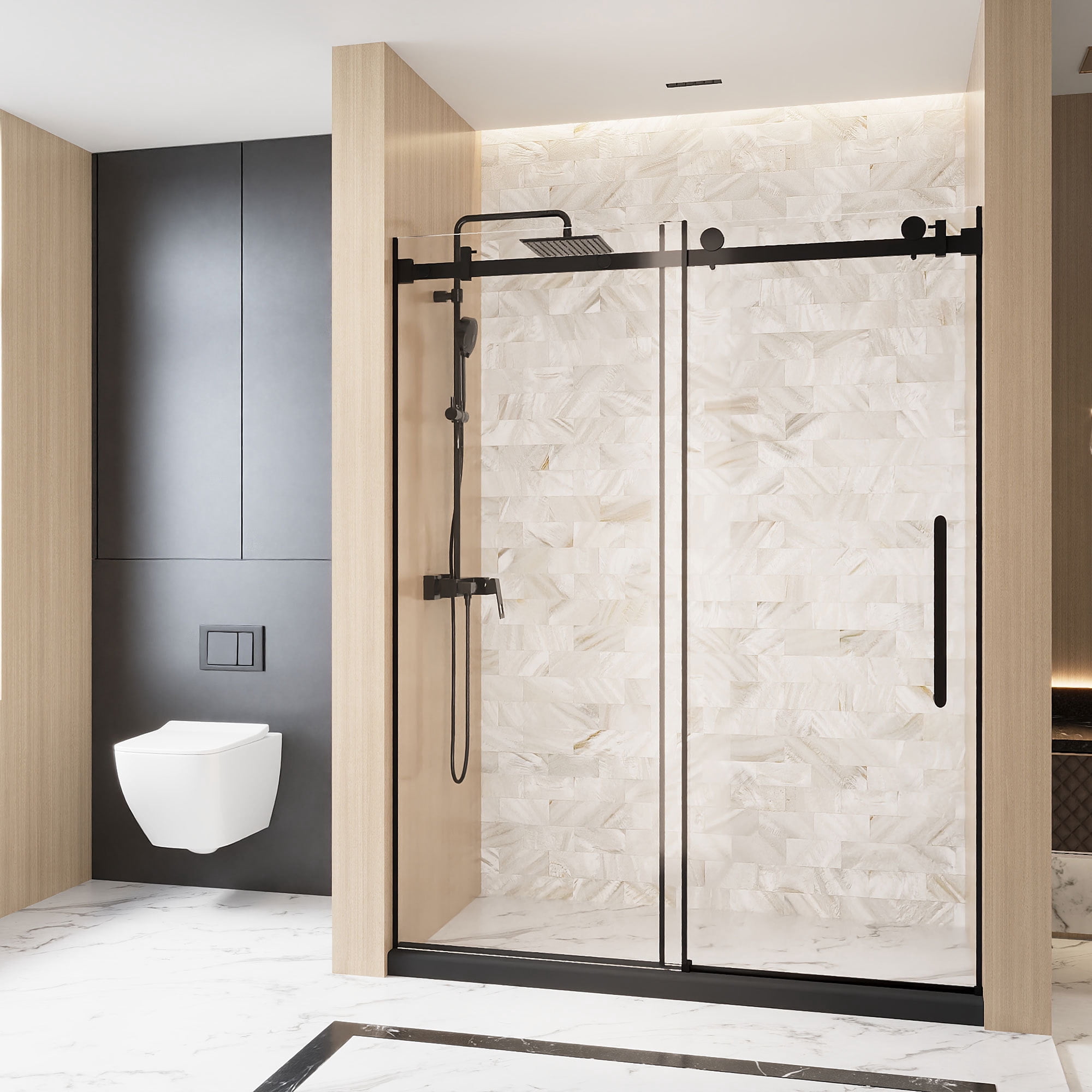Leumius 44-48"W x 76" H Frameless Single Sliding Shower Door, 1/4" Clear Tempered Glass, Stainless Steel Handle Shower Door,Matte Black