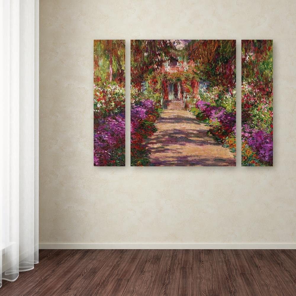 Trademark Fine Art "A Pathway in Monet's Garden" Canvas Art by Claude Monet Three Panel Set