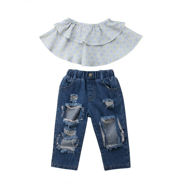 Fineser Baby Clothes Baby Girls Outfits, Toddler Kids Baby Girl Strap  Condole Belt Off Shoulder Tops+Jeans Hole Denim Pants Outfits Set (Sky Blue,  6-7 Years) : : Clothing & Accessories