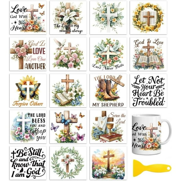 18 Sheets Rub On Transfers for Crafts Bible and 3.6"x3.9" UV DTF Cup Wrap Waterproof Cold Transfers Stickers for Wood Glass Cup Tumblers Mirrors Mugs Home Decor Colorful