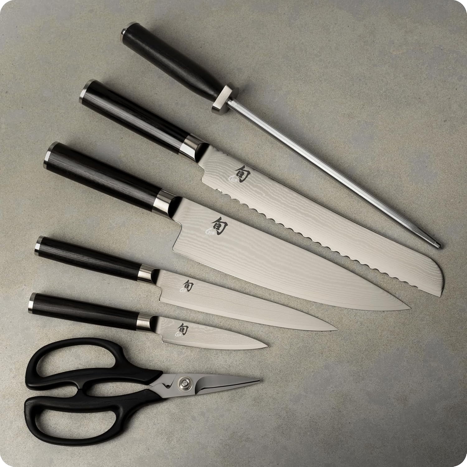 Shun Classic 7-Piece Essential Block Set, Includes 8-Inch Chef Knife, 3.5-Inch Paring Knife, 6-Inch Utility Knife, 9-Inch Bread Knife and Herb Shears, Pakkawood Handles"