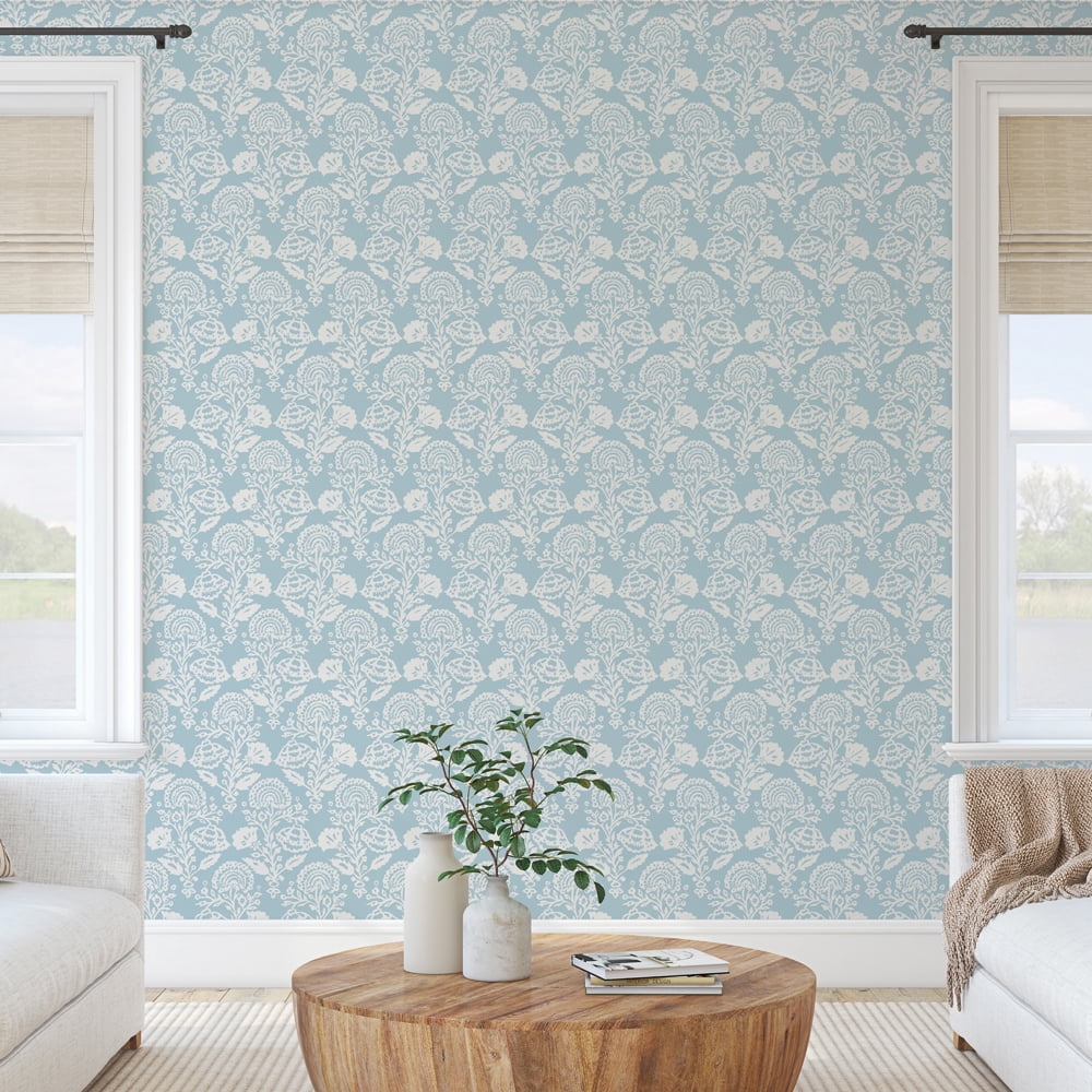 Tempaper Floral Damask Blue Peel and Stick Wallpaper, 20.5" x 16.5'