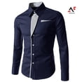 thumbnail image 1 of Am moda hombres cuello de pie manga larga Color bloque botón hasta camisa Slim Fit Toppangjing, 1 of 4