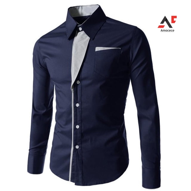 Am moda hombres cuello de pie manga larga Color bloque botón hasta camisa Slim Fit Toppangjing