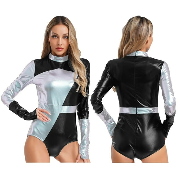 Women Metallic Party Pole Dancing Bodysuit Long Sleeves High Cut Racing Yoga Gym Jumpsuit With Arm Sleeves