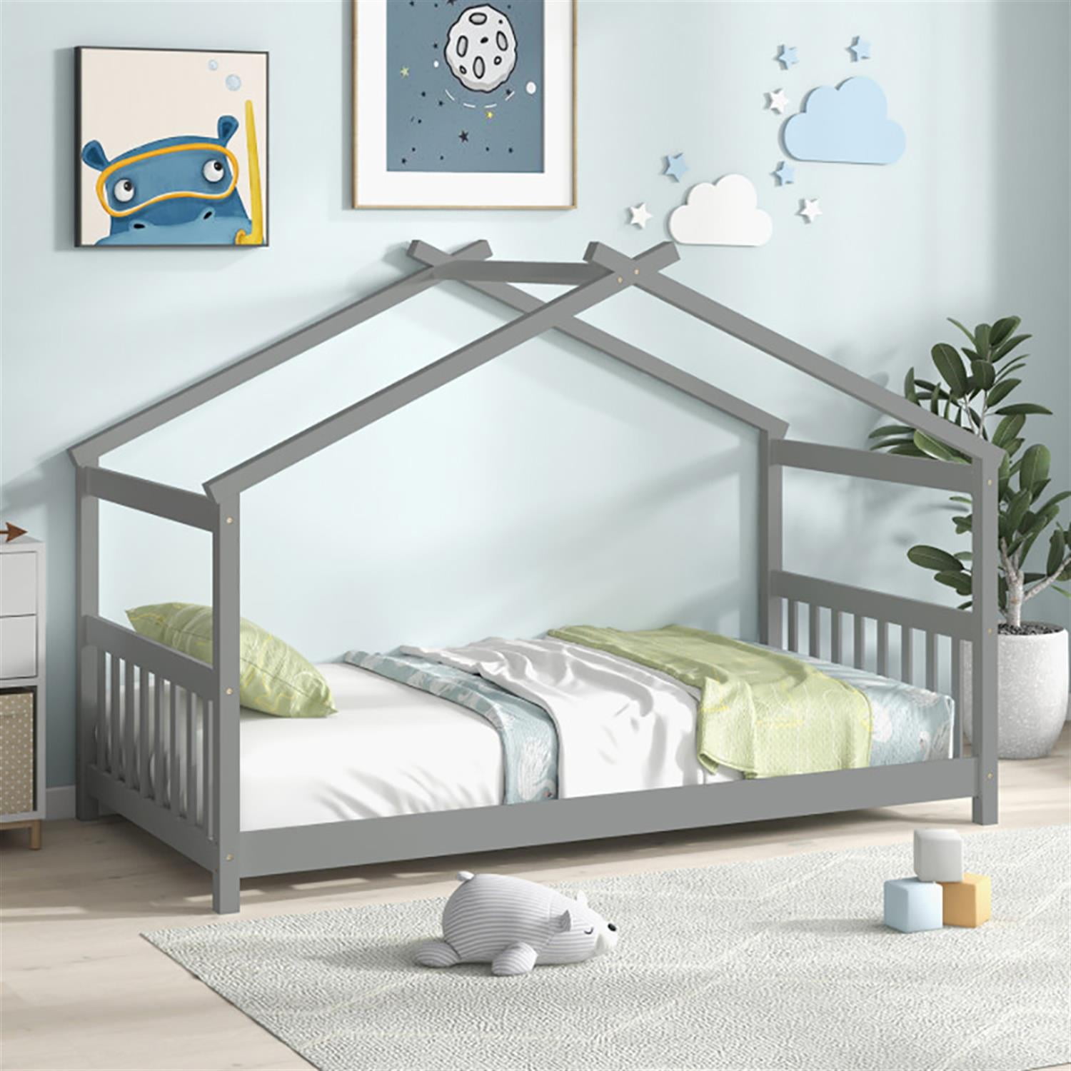 Demi Bonn Twin Size Wooden House Bed Frames with Roof, Modern Platform Floor Bed Frames for Teens, Gray
