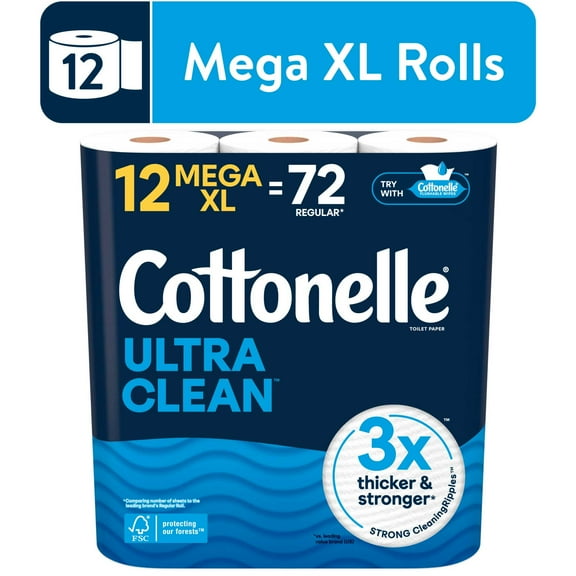 Cottonelle Ultra Clean Toilet Paper, Strong Toilet Tissue, 12 Mega XL Rolls