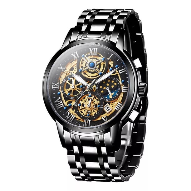 Reloj De Hombre Cuarzo De Tres Botones Impermeable Fecha Correa Negro Bisel Dorado Fondo Negro