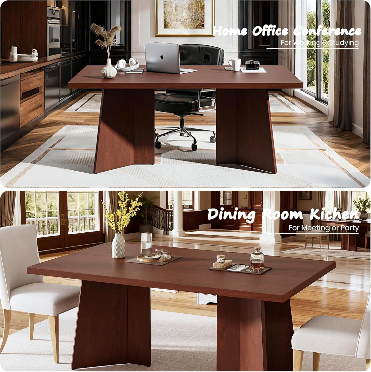 Dining Table for 6-8 People - 63" Modern Long Kitchen Table with Large Tabletop & Heavy Duty Pedestal Legs, Dinner Table for Kitchen, Conference Room, Home, Walnut