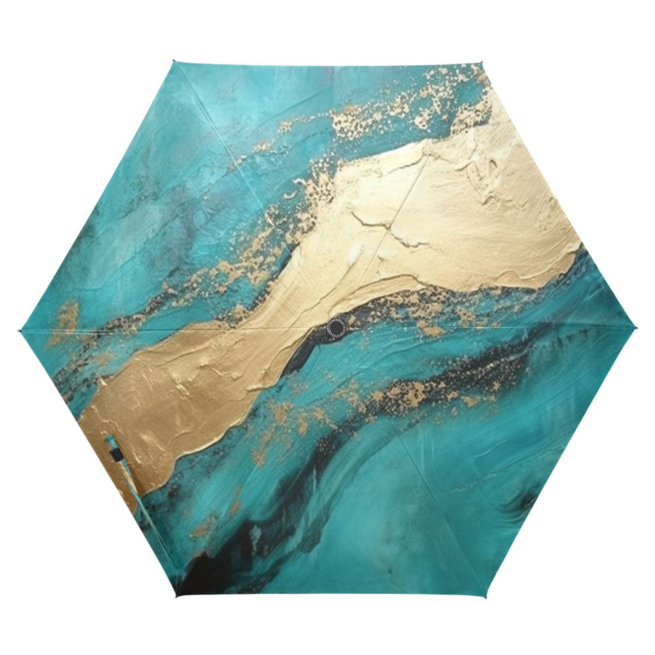 Turquoise Gold Marble Compact Sun Umbrella Windproof Travel Umbrellas for Rain Strong Portable UV Protection