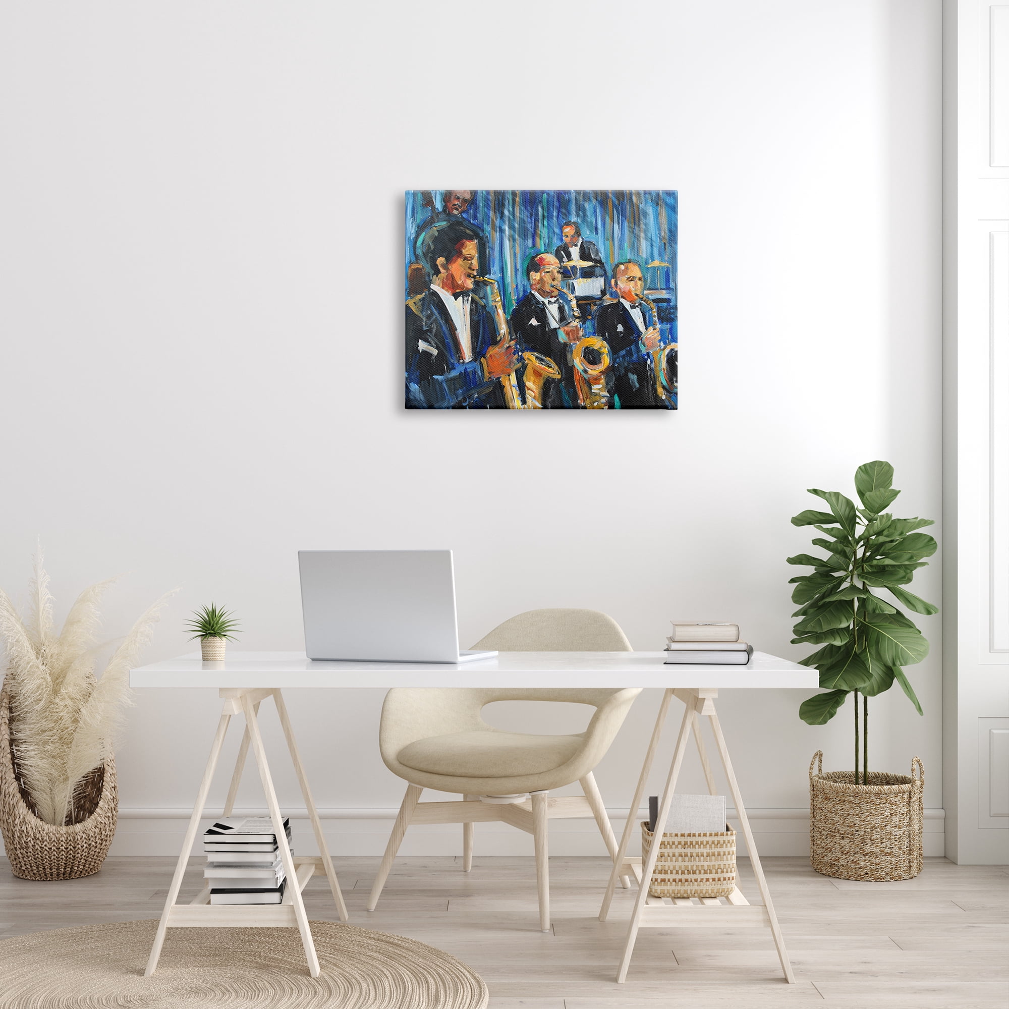 Stupell Industries Contemporary Saxophone Jazz Ensemble Expressive Musicians Beauty & Fashion Painting Gallery Wrapped Canvas Print Wall Art, 24 x 30