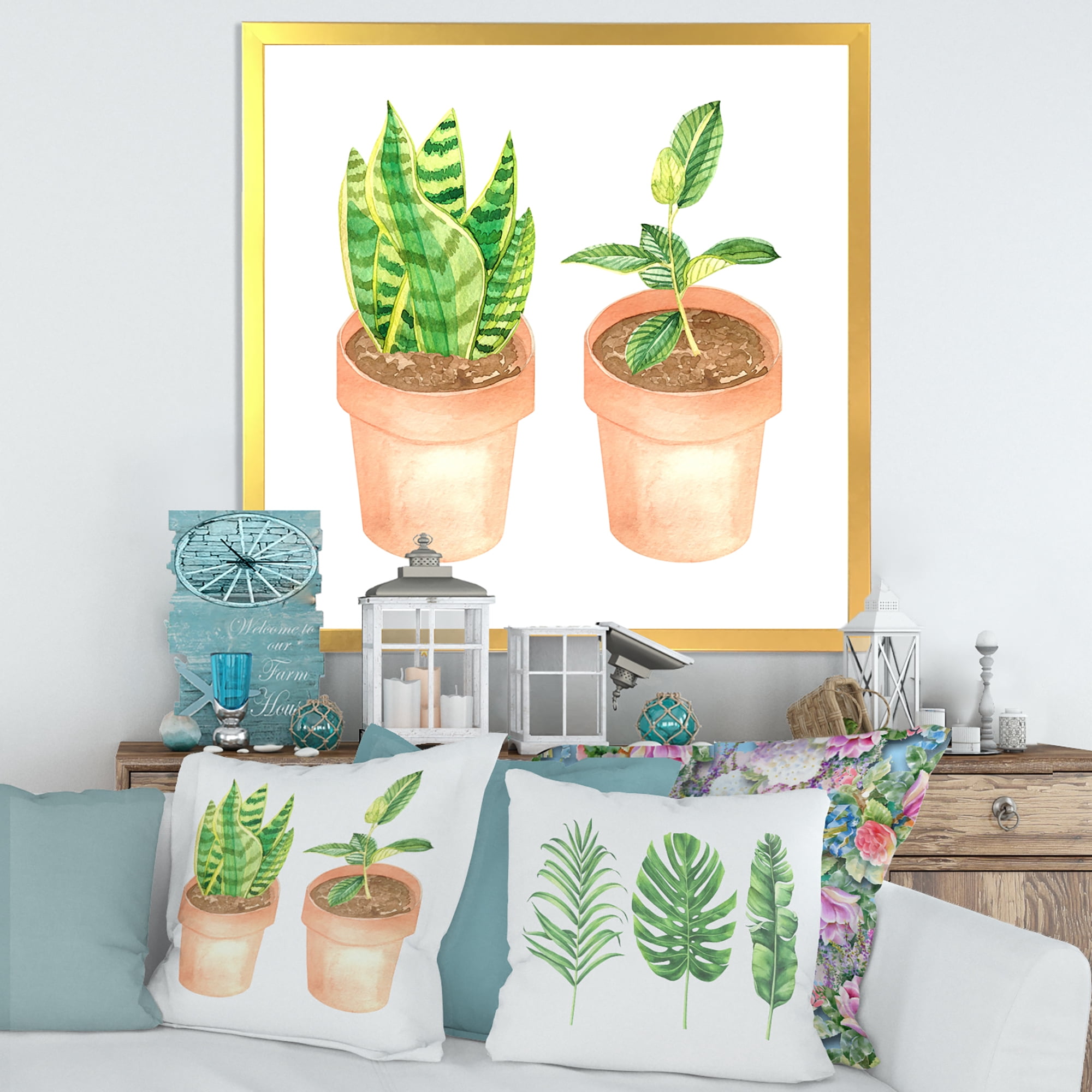 Designart 'Ficus and Sansevieria Indoor Green Home House Plants' Traditional Framed Art Print