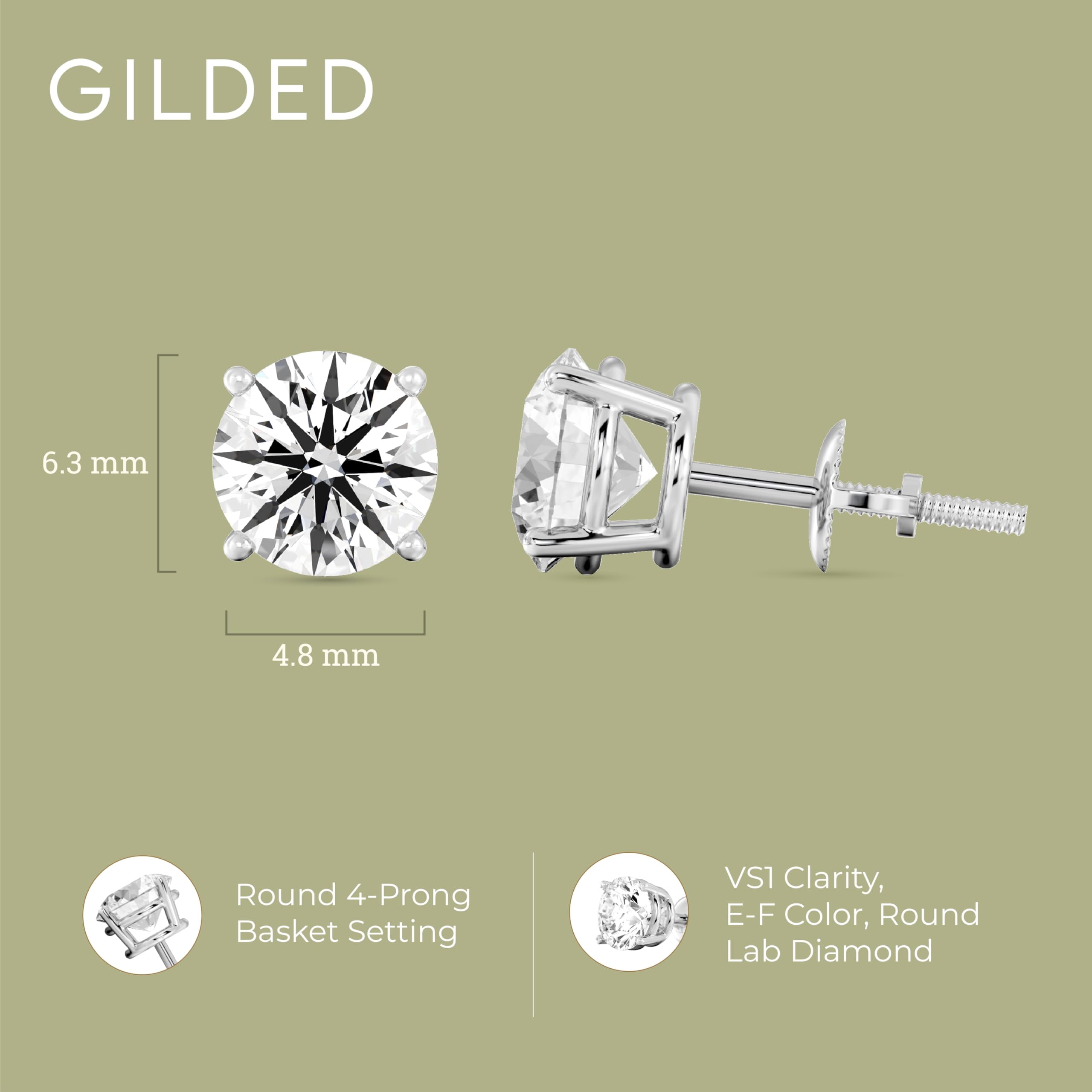 Gilded 2 Carat Total Weight IGI Certified Lab-Grown Diamond 14KT White Gold Stud Earrings for Women| Hypoallergenic Fine Gold Jewelry| 4-Prong Basket, Push Back Nut|VSI1 Clarity, E-F Color, Round Cut