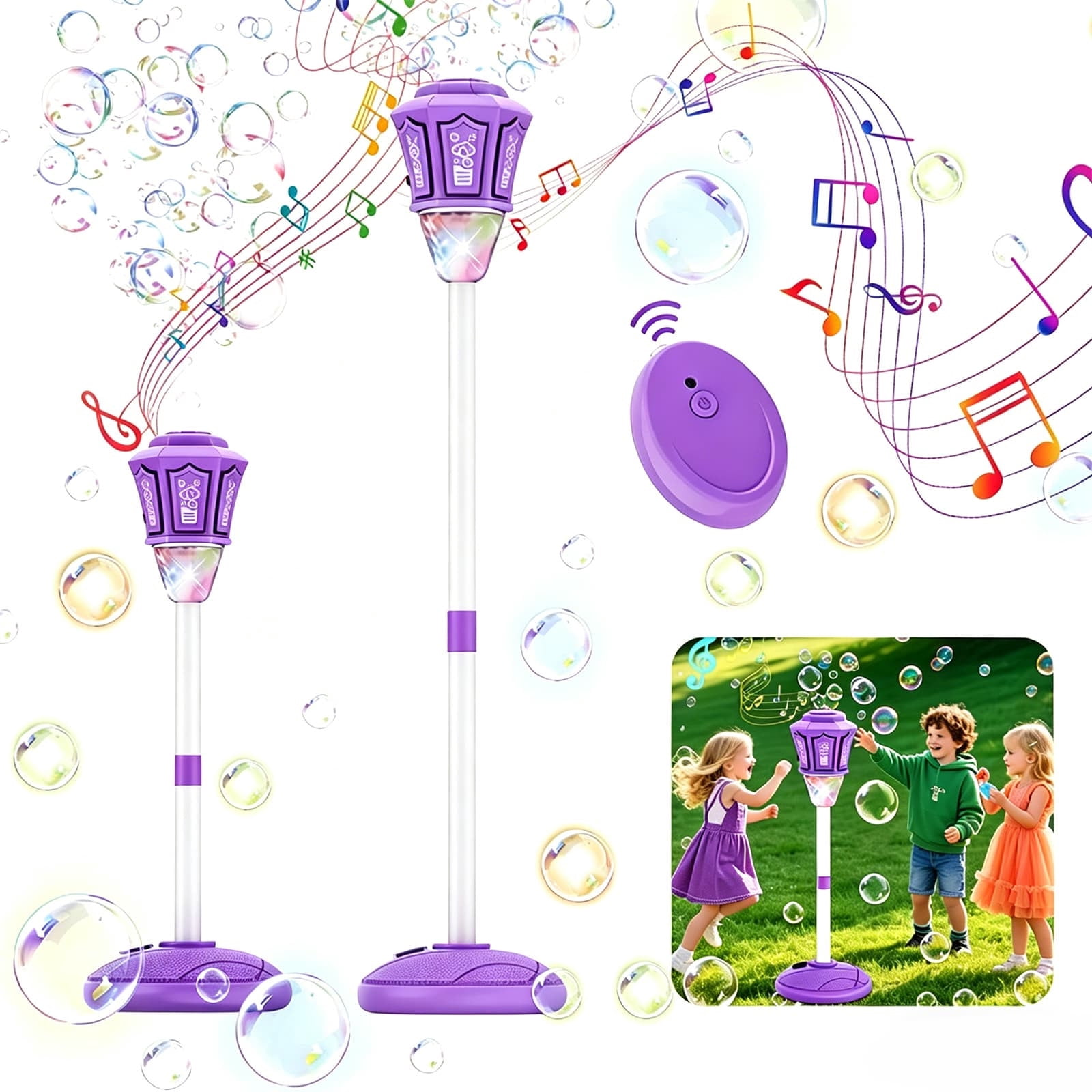 Rechargeable Automatic Bubble Machine With Light Music Adjustable Height And Detachable Wand For Outdoor Play(Purple)