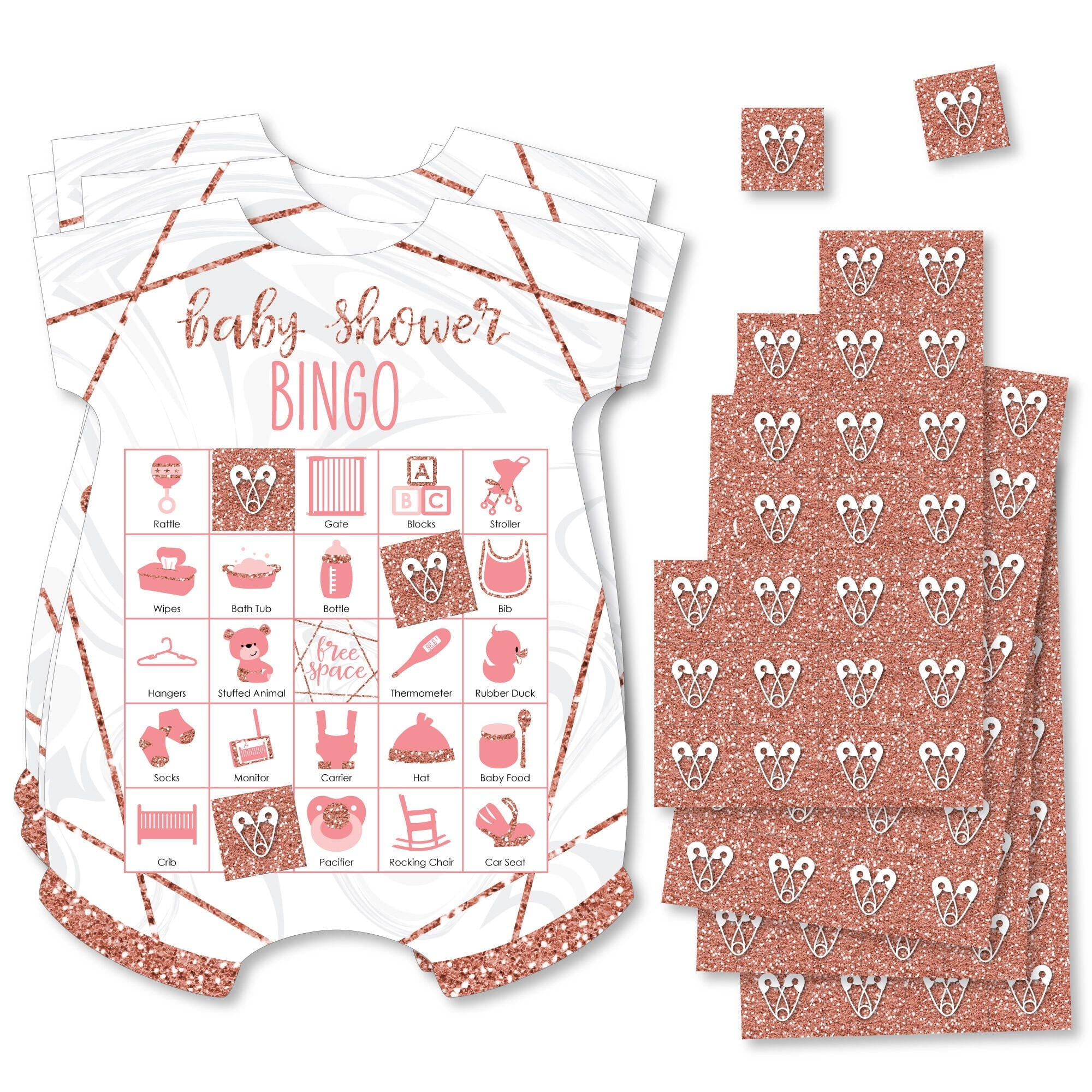 Big Dot of Happiness It’s Twin Girls - Picture Bingo Cards and Markers - Pink and Rose Gold Twins Baby Shower Shaped Bingo Game - Set of 18