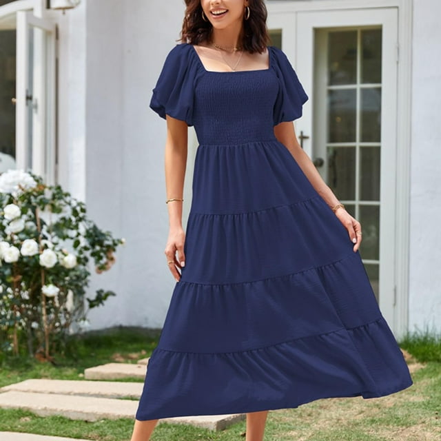 Fankiway Robe d'Été Décontractée pour Femmes Col Plissé Manches Courtes Couleur Unie Grande Taille Robes pour Femmes Rondes Printemps 9447