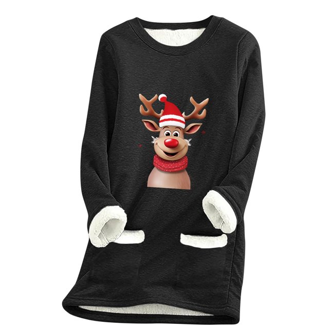 WEAIXIMIUNG Sweat à Capuche pour Femmes Robe de Noël Dessin Animé Cerf Manches Longues Col Rond Poche Rembourrée Pull Thermique