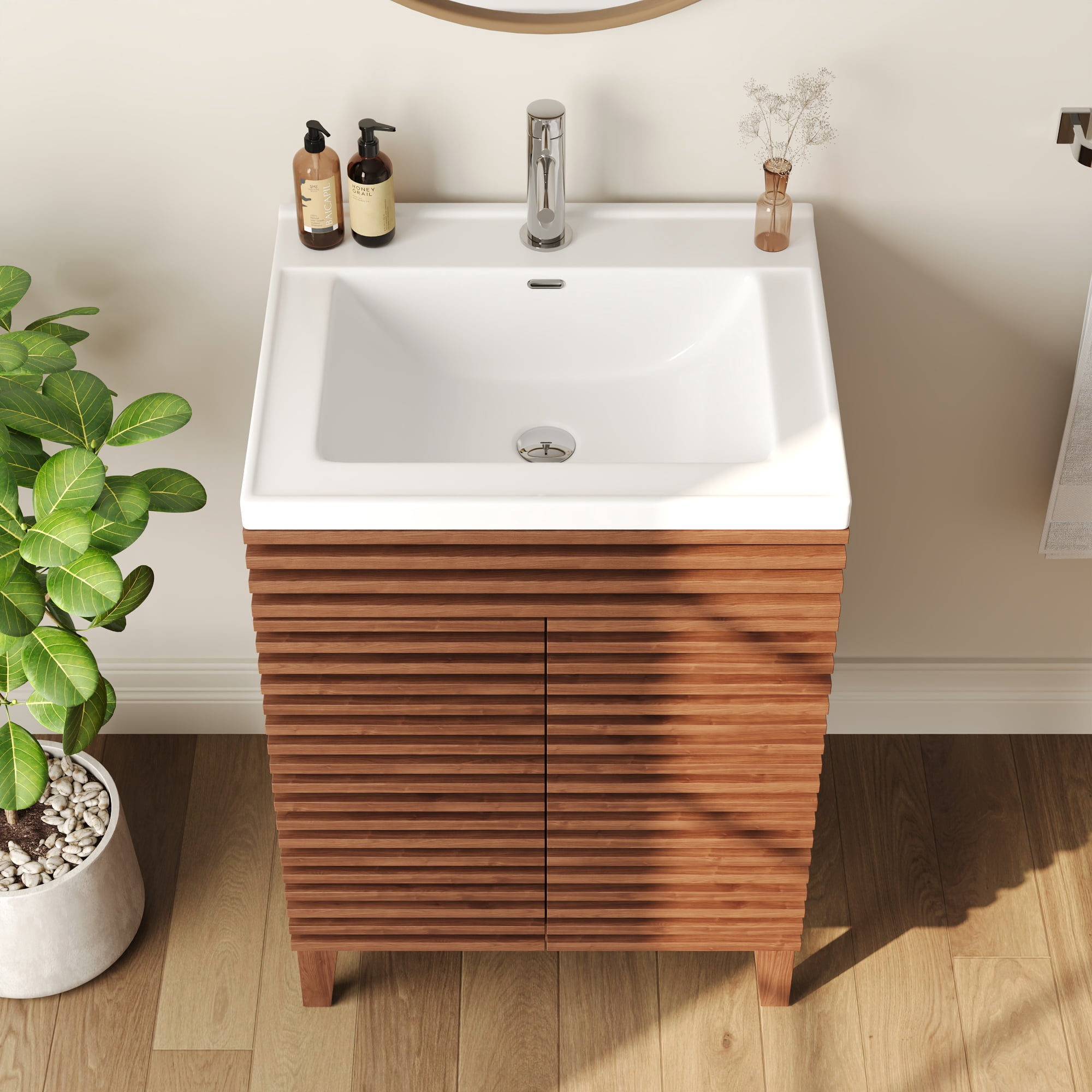 24" Bathroom Vanity with Ceramic Sink Top, Pre-assembled Mid-Century Wood Bathroom Cabinet Walnut