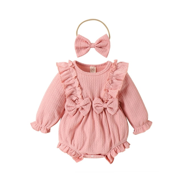 xiaxaixu Infant Baby Girl Spring Jumpsuit Solid Color Long Sleeve Round Neck Bow Romper with Headband