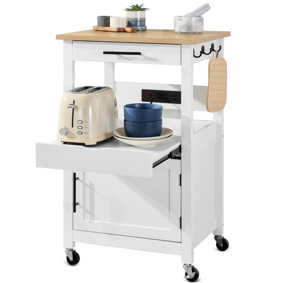 Best Choice Products Rolling Kitchen Island Cart, Cabinet W/ Drawer, Sliding Tray, Outlet, Wheels, Hooks - White