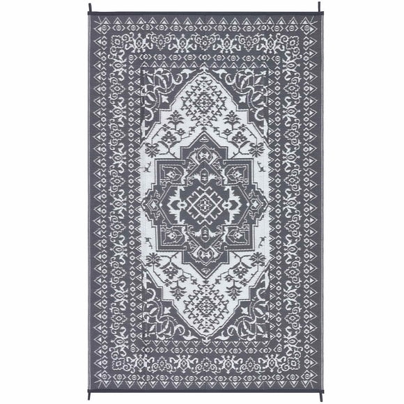 EastVita Tapis Rectangulaire en Plastique Gris Blanc 9 x 18 Pi (Taille Réelle) pour Plage, Vérandas, Patio, Pique-Nique, VR, Camping, Garage, Fleurs, Persan