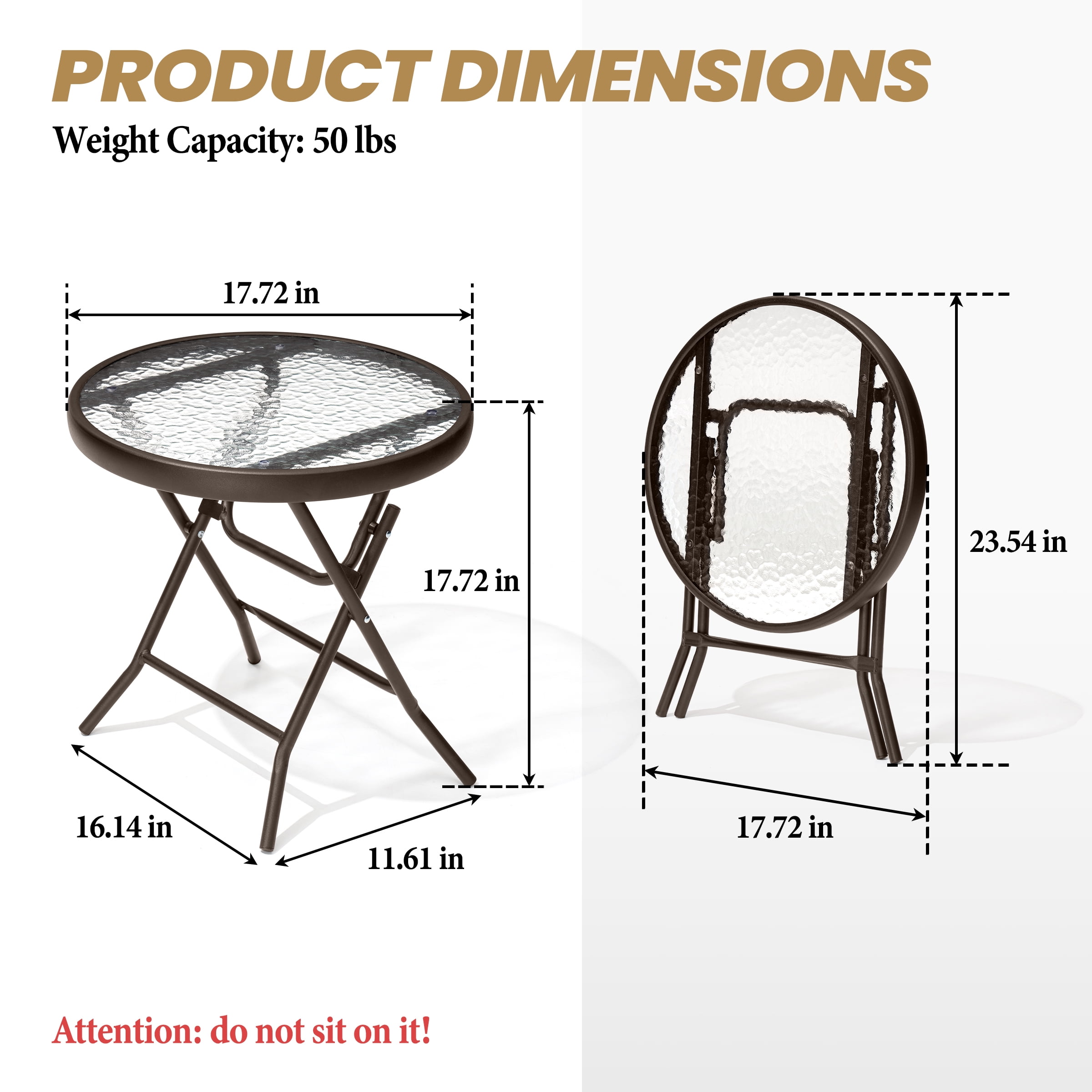 Crestlive Products Foldable Patio Side Table with Tempered Glass Top 18" Small Glass Patio End Tables (Brown，2PCS)