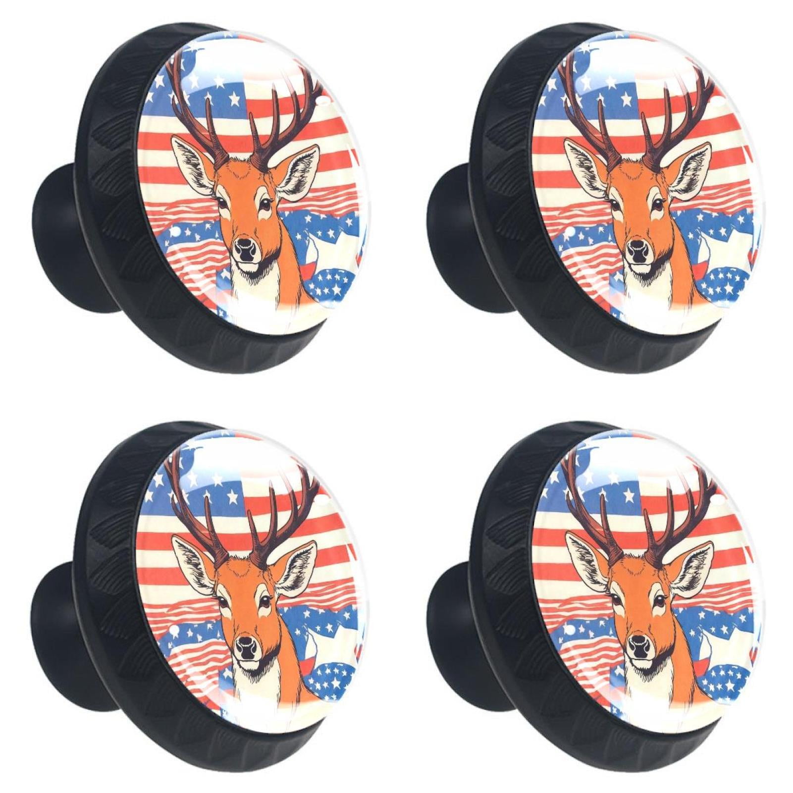 4 Pcs Deer and American Flag Knobs for Kitchen Cabinet Cupboard Dresser Bookcase Drawer Pulls Handles Round Home Decor