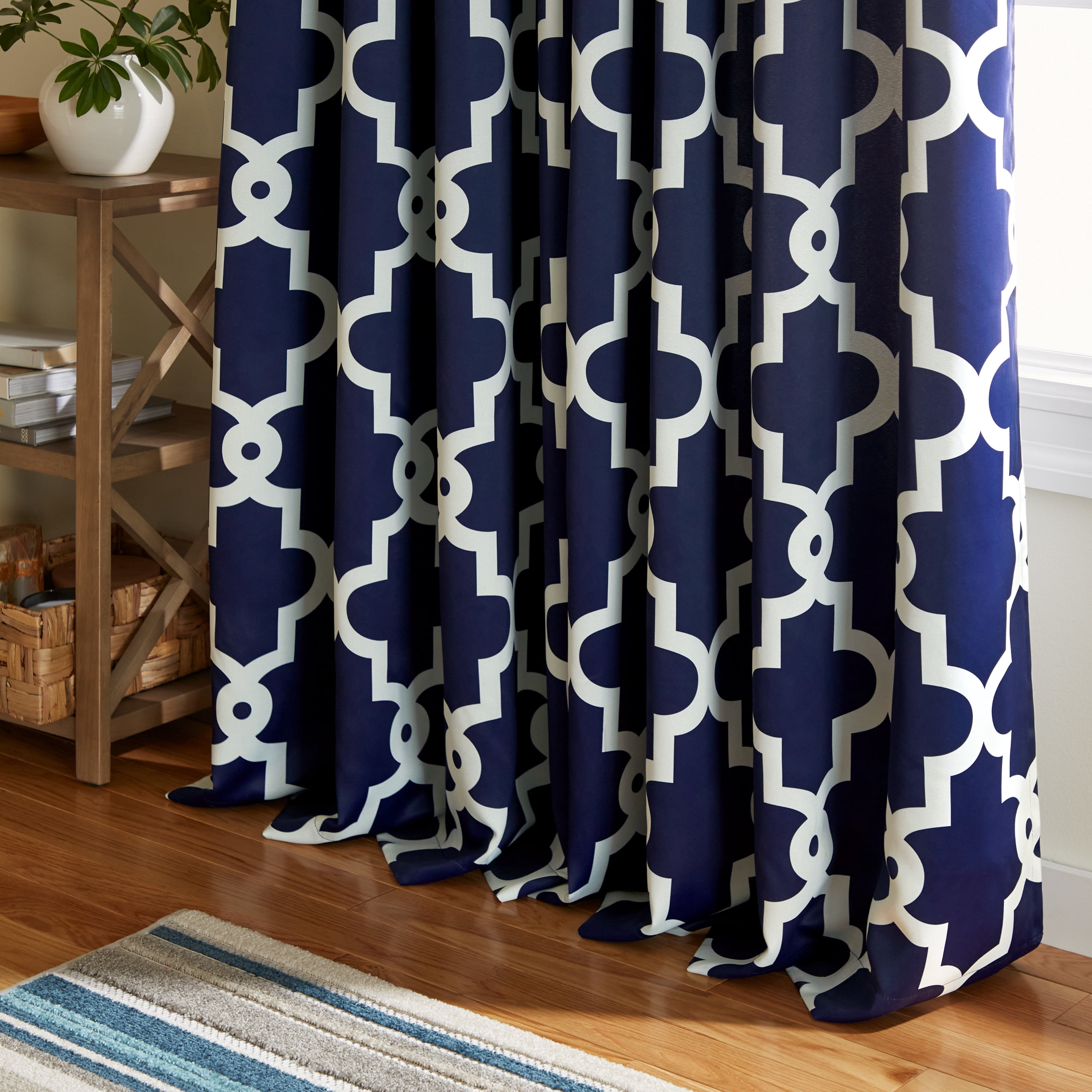 TOWN & COUNTRY EVERYDAY Ironwork Geo Trellis Sateen Indoor Curtains, Room Darkening Blackout, Grommet Top, Energy Efficient, 2-Pack Set, 52"x96", Peacoat Blue