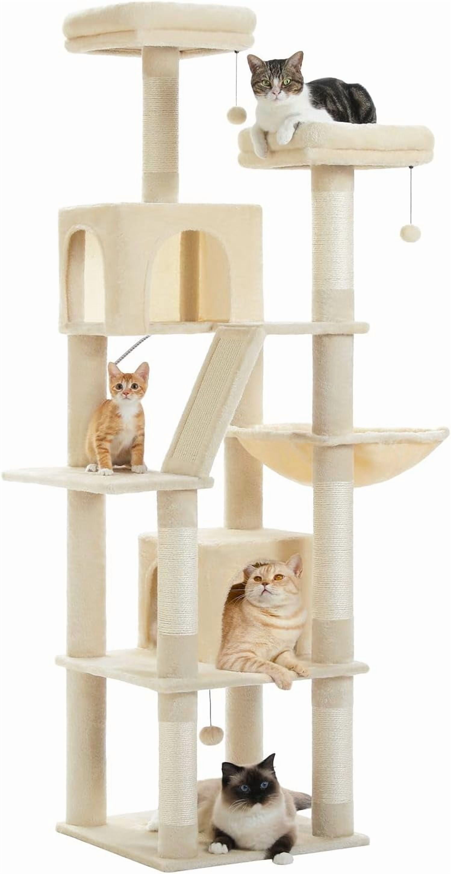 LEHOME 70 Inch Cat Tower, Tall Cat Tree with 2 Cozy Condos, 2 Plush Perch, Large Basket, 2 Scraching Pad & 6 Scraching Posts for Indoor Cats Large Adult, Beige