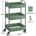 thumbnail image 3 of 3-Tier Rolling Cart, Green, 66 Pounds Capacity, Mesh Storage Organizer with Lockable Wheels, 3 Hanging Cups, 4 Hooks, Easy Assembly, for Kitchen, Bathroom, Laundry, Grocery, 3 of 16