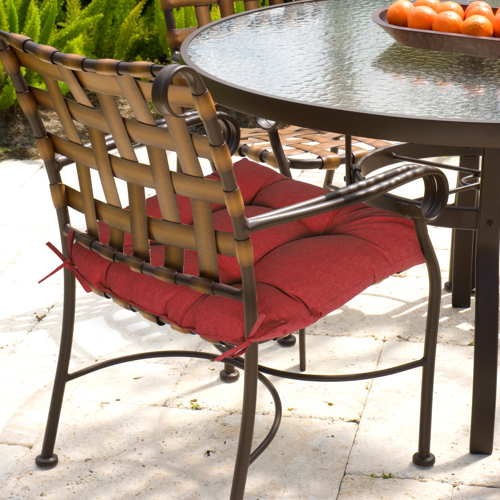 Aoodor 19x19x5 Inch Tufted Outdoor Chair Cushions, Water and Fade Resistant Polyester Dining Chair Pads with Ties for Patio Furniture, Set of 2, Red