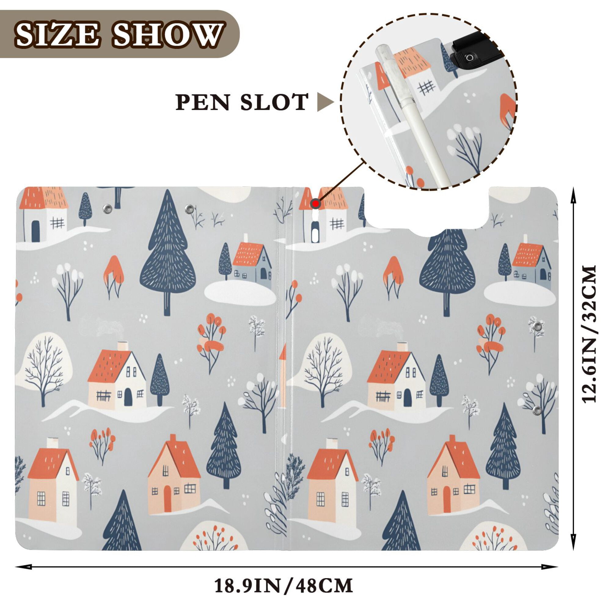 FORMRS A4 Clipboard Folder with Pen Holder Horizontal Foldable School Office Binder, Gray Cartoon Houses