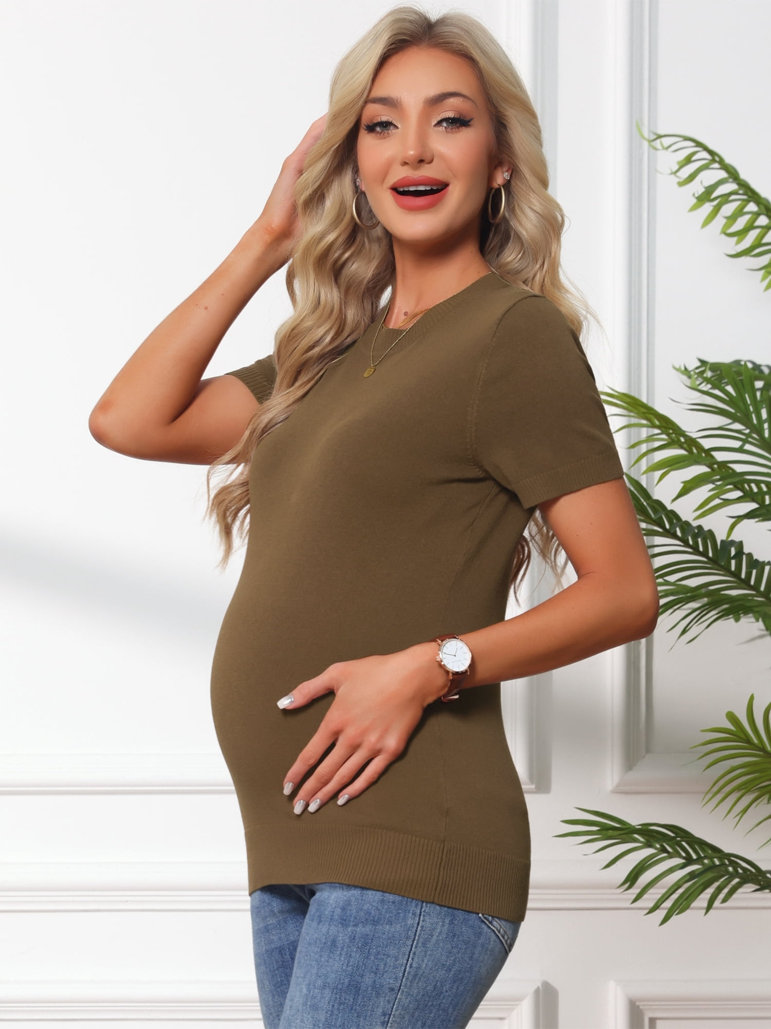 DARING DIVA Women's Maternity Stretchy Knit Short Sleeve Sweater 2XL Brown
