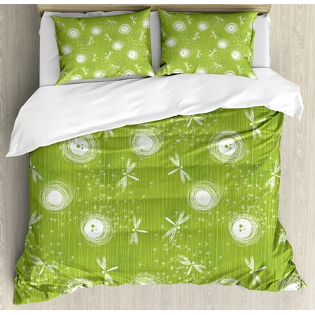 Cream Bedding King Size Dragonfly King Size Duvet Cover Set, Sketch Style Dandelion Flower Petals Spring Beauty Nature Blossom Image, Decorative 3 Piece Bedding Set with 2 Pillow Shams, Lime Green Cream, by Ambesonne ()