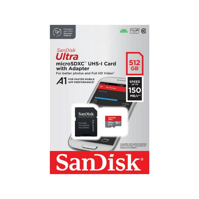 SanDisk 512GB Ultra microSDXC UHS-I Memory Card with SD Adapter (Up to 150  MBP/s) - SDSQUAC-512G-GN6MA