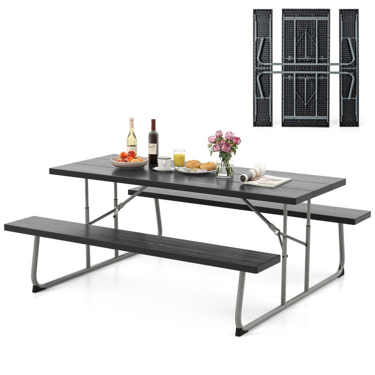 Aimee Lii Folding Picnic Table Set with Metal Frame and All-Weather HDPE Tabletop Umbrella Hole, Outdoor Patio Furniture, Black