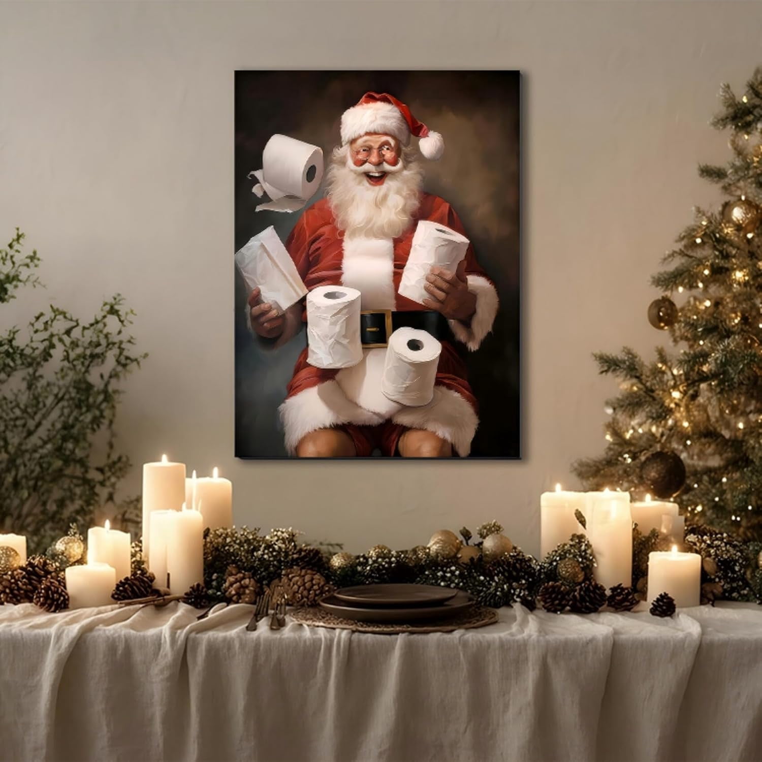 Funny Christmas Santa Bathroom Wall Art Prints, Winter Christmas Santa Claus Posters Pictures Wall Decor for Shower Room Bathroom Washroom, Framed Ready to Hang
