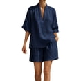 thumbnail image 6 of Cagogo Women Plus Size 2 Piece Set V Neck 3/4 Sleeve Shirt Shorts Casual Solid Loose Travel Outfits Lounge Tracksuits Summer Cruise Clothes Matching Lounge Sets, Navy 3XL, 6 of 8