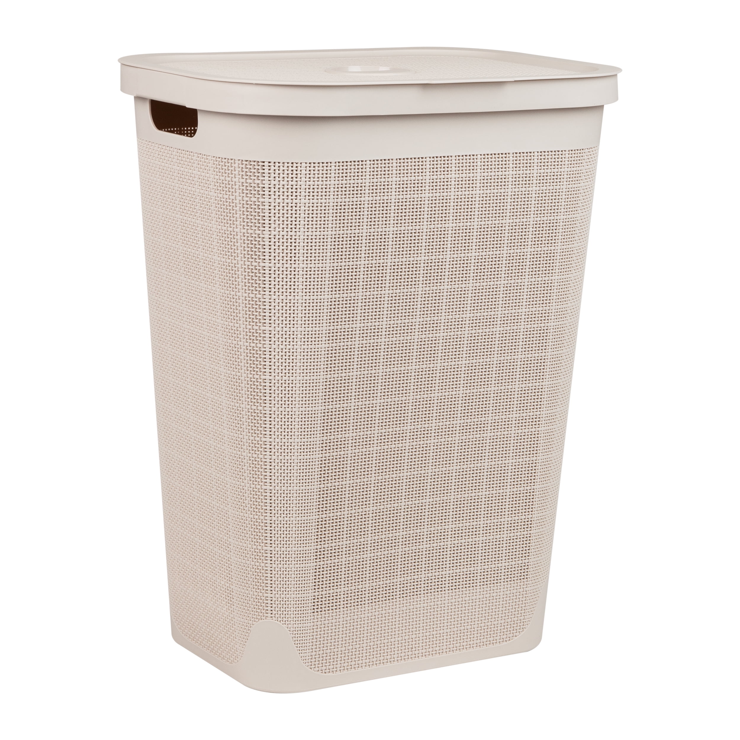 Mind Reader 60L Slim Laundry Hamper, Clothes Basket, Lid, Linen Design, Plastic, Ivory