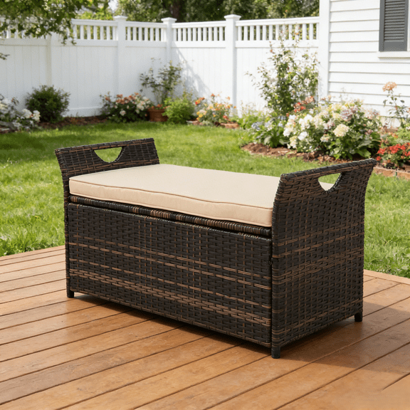 Zimtown 33Gal Outdoor Storage Box Patio Wicker Deck Bench Storage, Rattan Bench, Container for Outdoor Indoor Brown