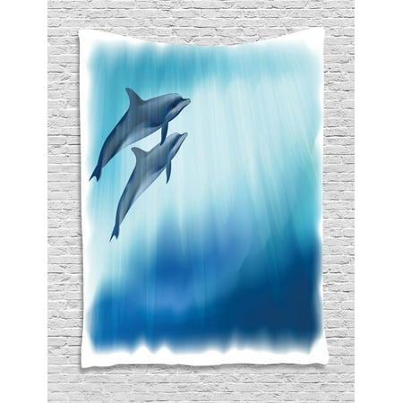 Ocean Style Decor Dolphin Tapestry, Underwater Scene with Two Ocean Mammals in Watercolor Style Swimming Image, Wall Hanging for Bedroom Living Room Dorm Decor, 40W X 60L Inches, Dark Blue Pale Blue, by Ambesonne ()